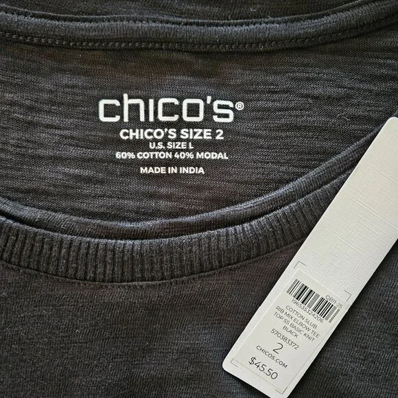 Chicos Slub Elbow-Sleeve Tee Black New With Tags Size Large - Picture 4 of 8